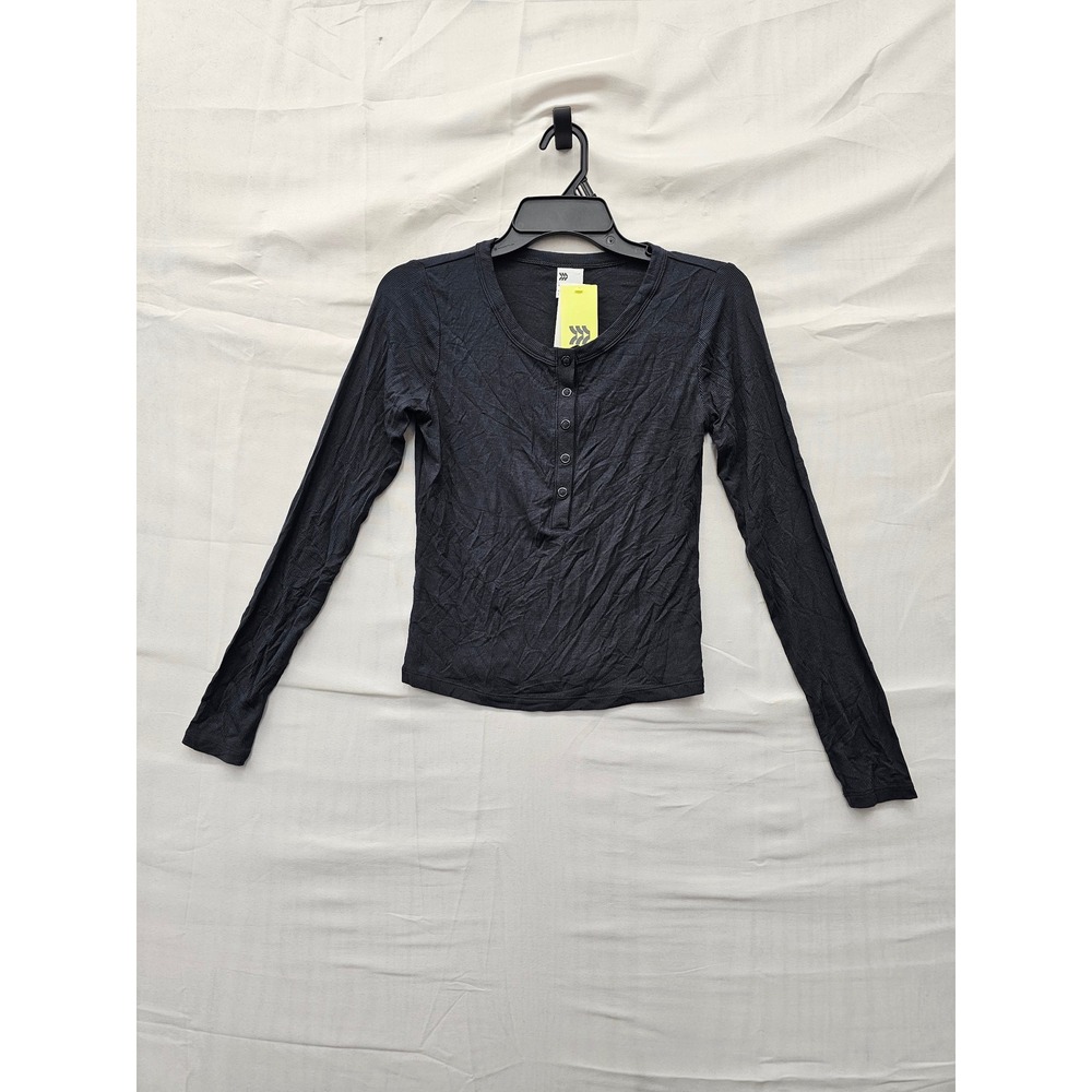 All in Motion Womens Ribbed Henley Long Sleeve Tee Black Modal Size XS